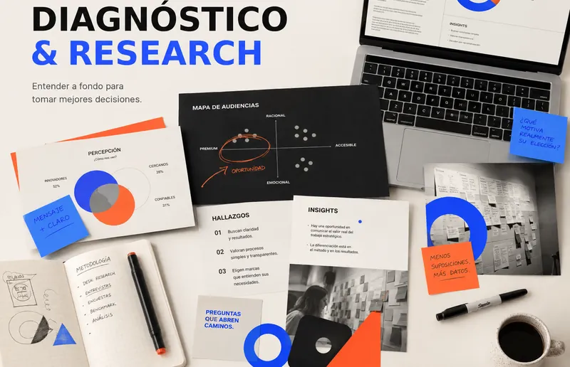 Mesa de trabajo con mapas de audiencia, hallazgos y notas de research