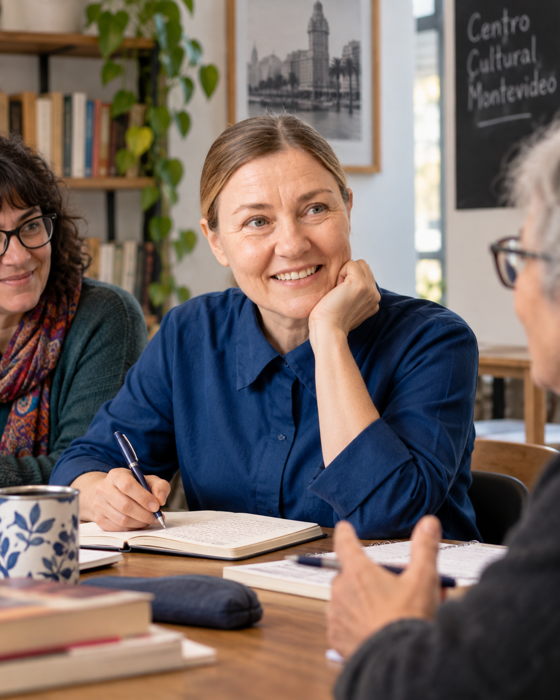María conversando con otras personas en un centro cultural de Montevideo