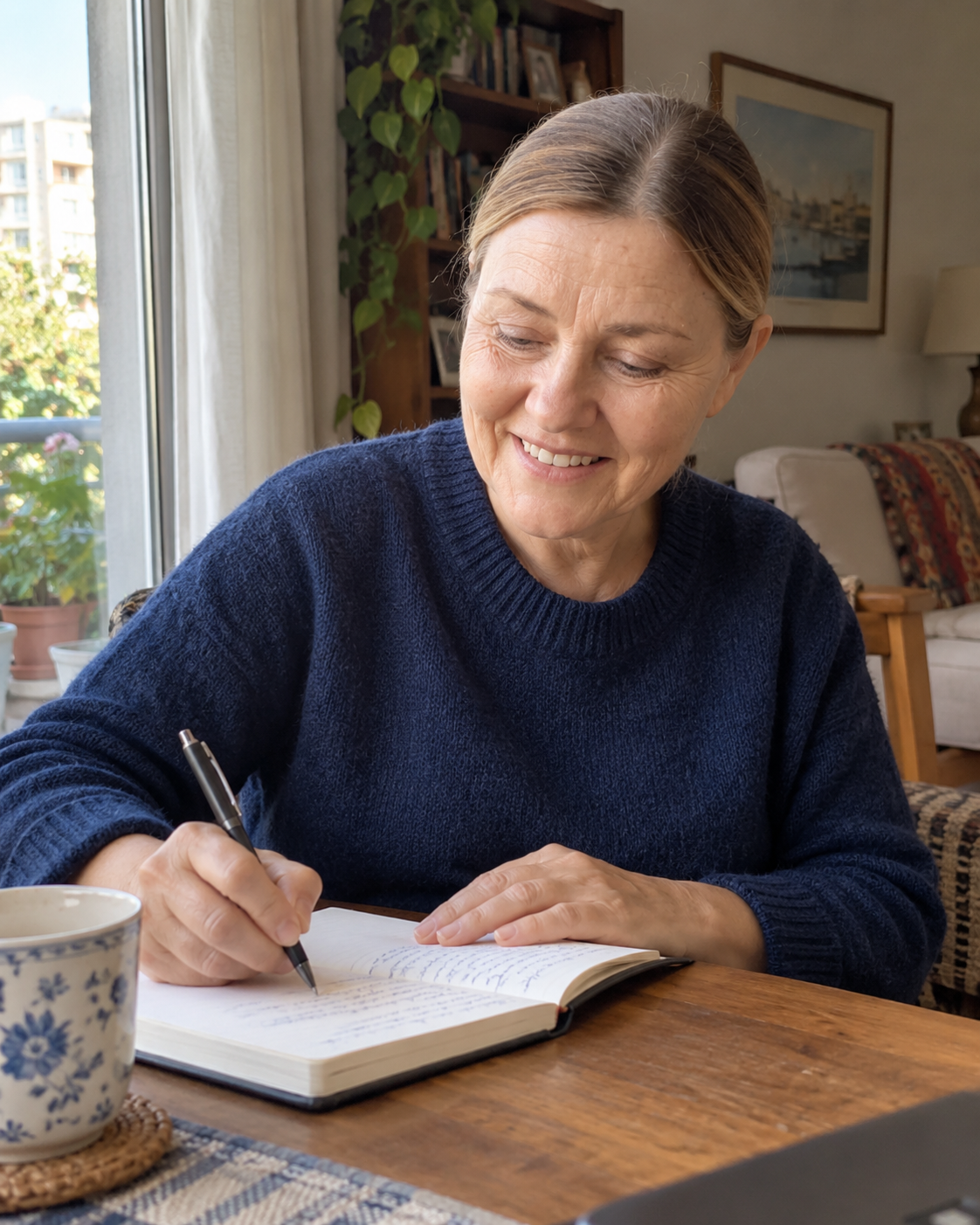 María escribiendo en un cuaderno en su casa