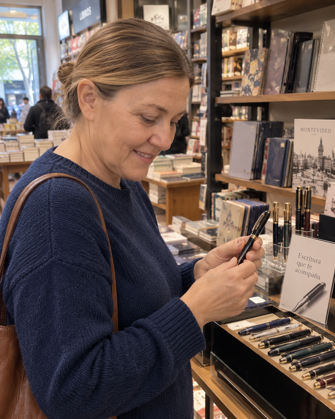 María observando una pluma en una librería