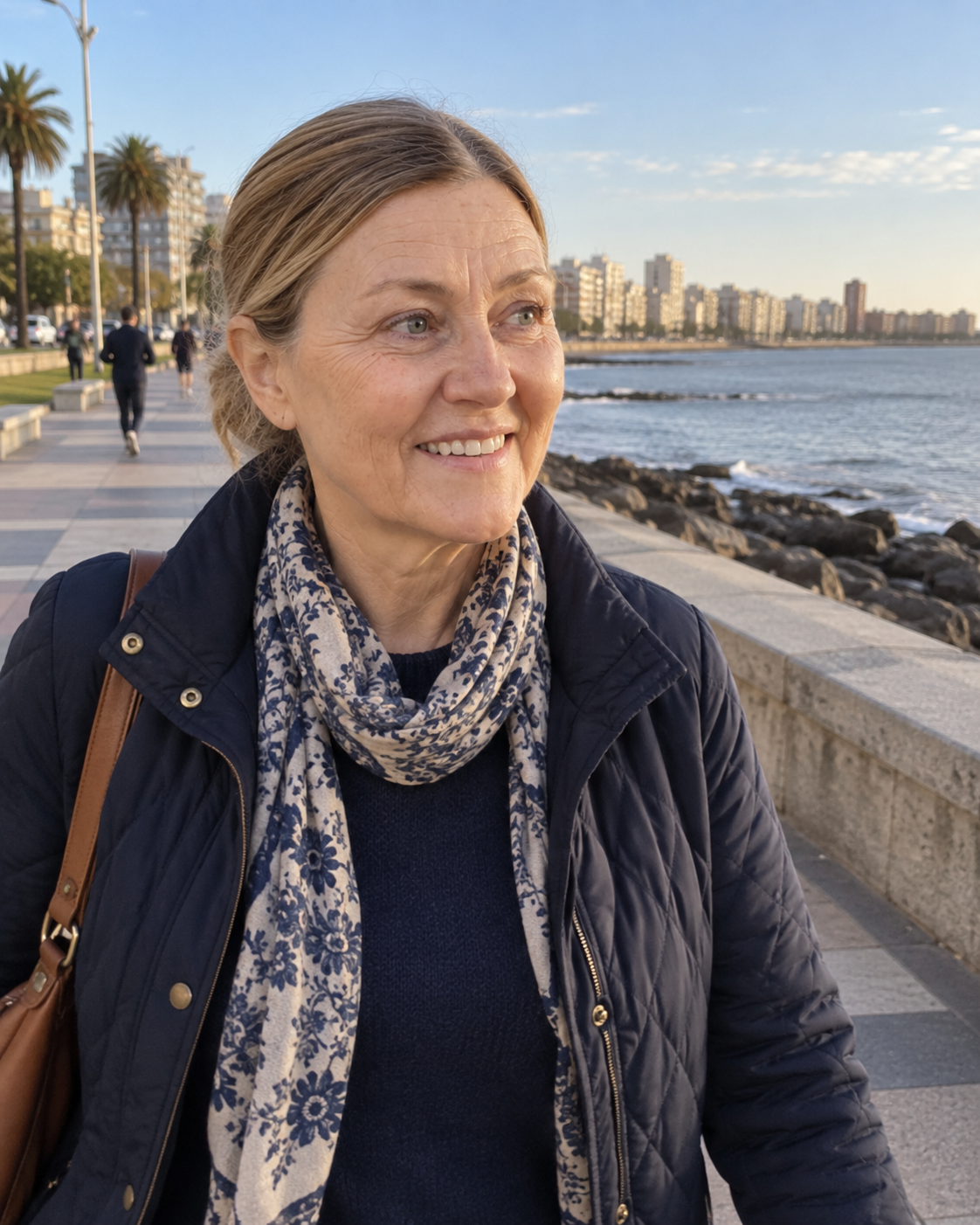 María caminando por la rambla de Montevideo