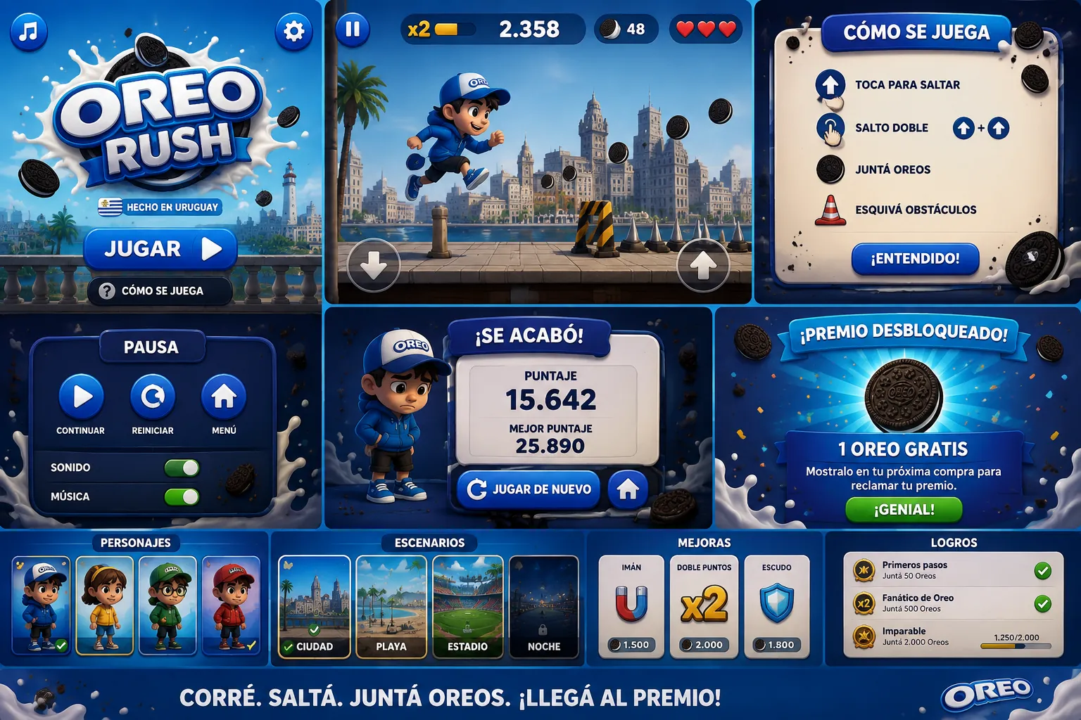 Sistema visual y pantallas del proyecto Oreo Rush