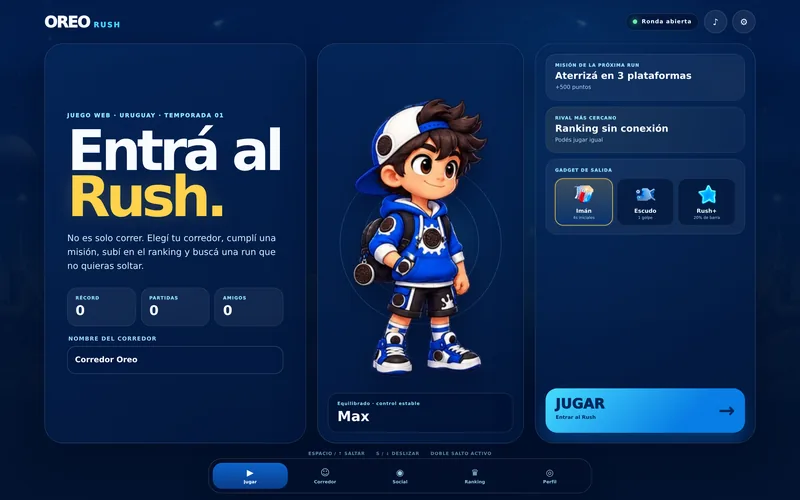 Pantalla de inicio real de OREO Rush con récord, misión y selección de corredor
